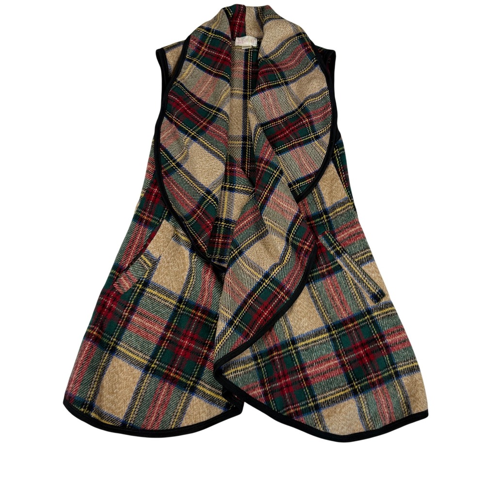 Top It Off Plaid Draped Waterfall Open Front Vest Tan Red Green Small 4-6